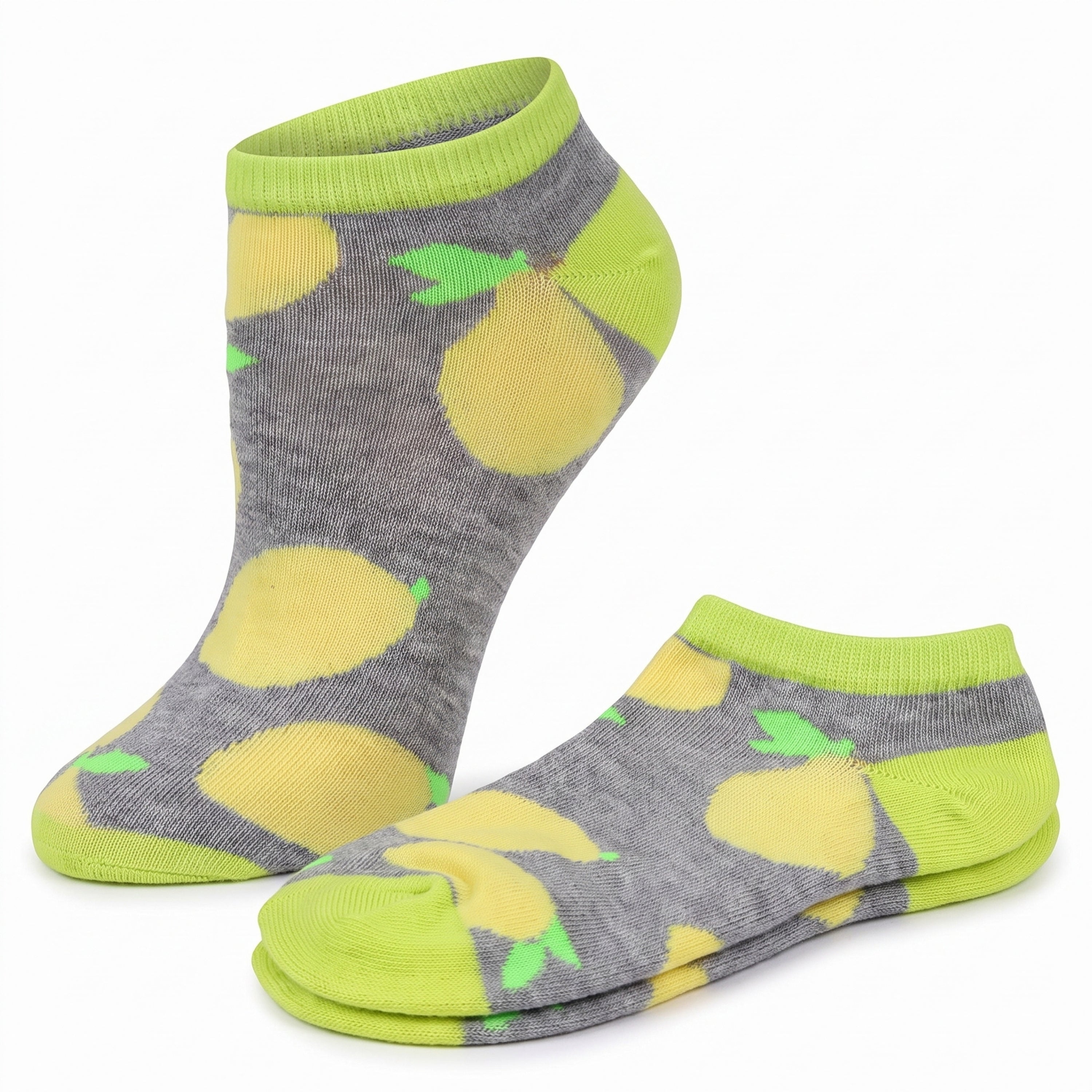 A pair of low-cut ankle socks with a gray heather base featuring a yellow lemon print and bright lime green trim on the cuff, toe, and heel, displayed on a clean white background.