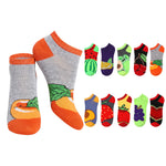 A pair of low-cut ankle socks with a heather gray body, orange toe and cuff, and a green leaf and peach graphic, shown alongside ten other color and pattern variations on a white background.