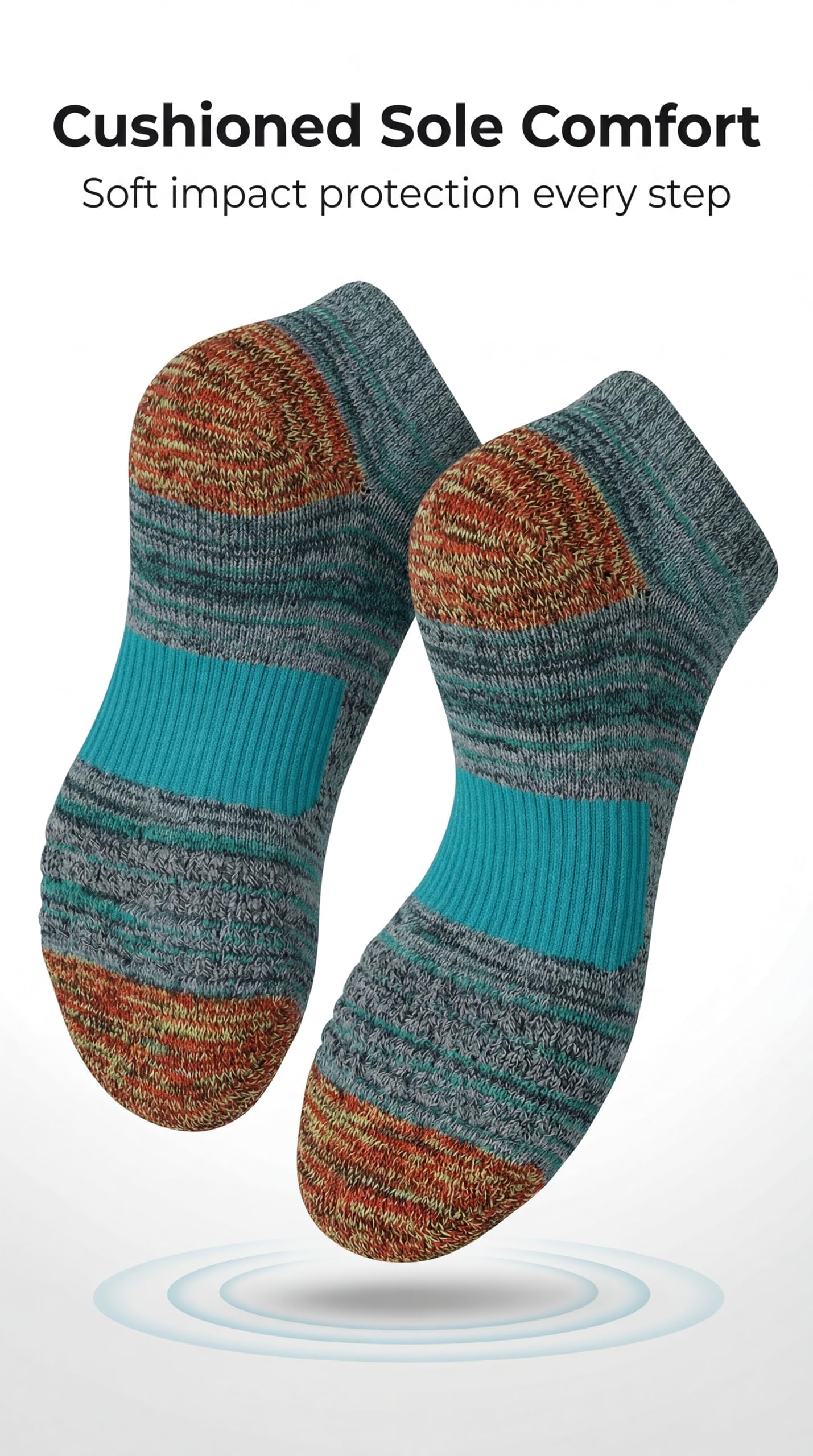 A pair of low-cut knit socks with a marled teal, brown, and orange pattern, featuring a solid teal ribbed heel and toe. The image includes marketing text at the top reading 'Cushioned Sole Comfort' and a light blue circular graphic at the bottom representing cushioning.