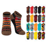 A pair of low-cut socks with a brown and black base and a colorful Southwestern geometric pattern, shown next to a grid of 16 other color and pattern options on a white background.