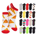 A pair of low-cut socks with a white background and a repeating pattern of pizza slices, with red toes and heels. On the right, a grid shows multiple color variations of the same sock design.