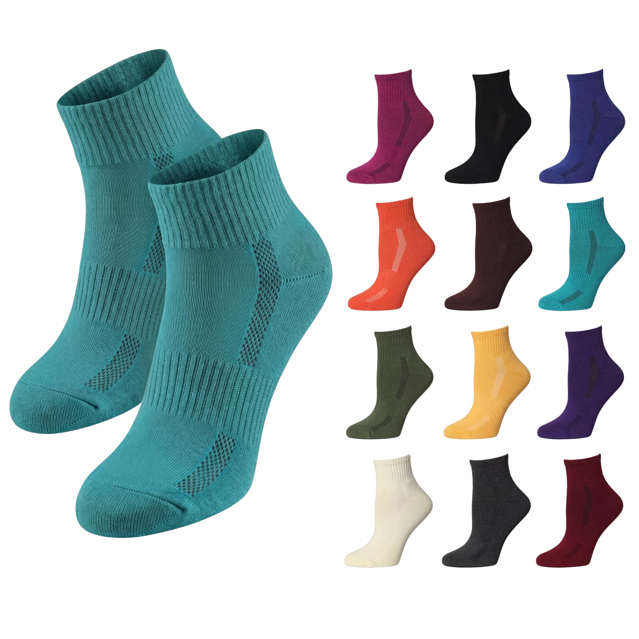 A pair of teal ankle socks shown prominently on the left, with a grid of the same sock design in multiple color options on the right, all on a plain white background.
