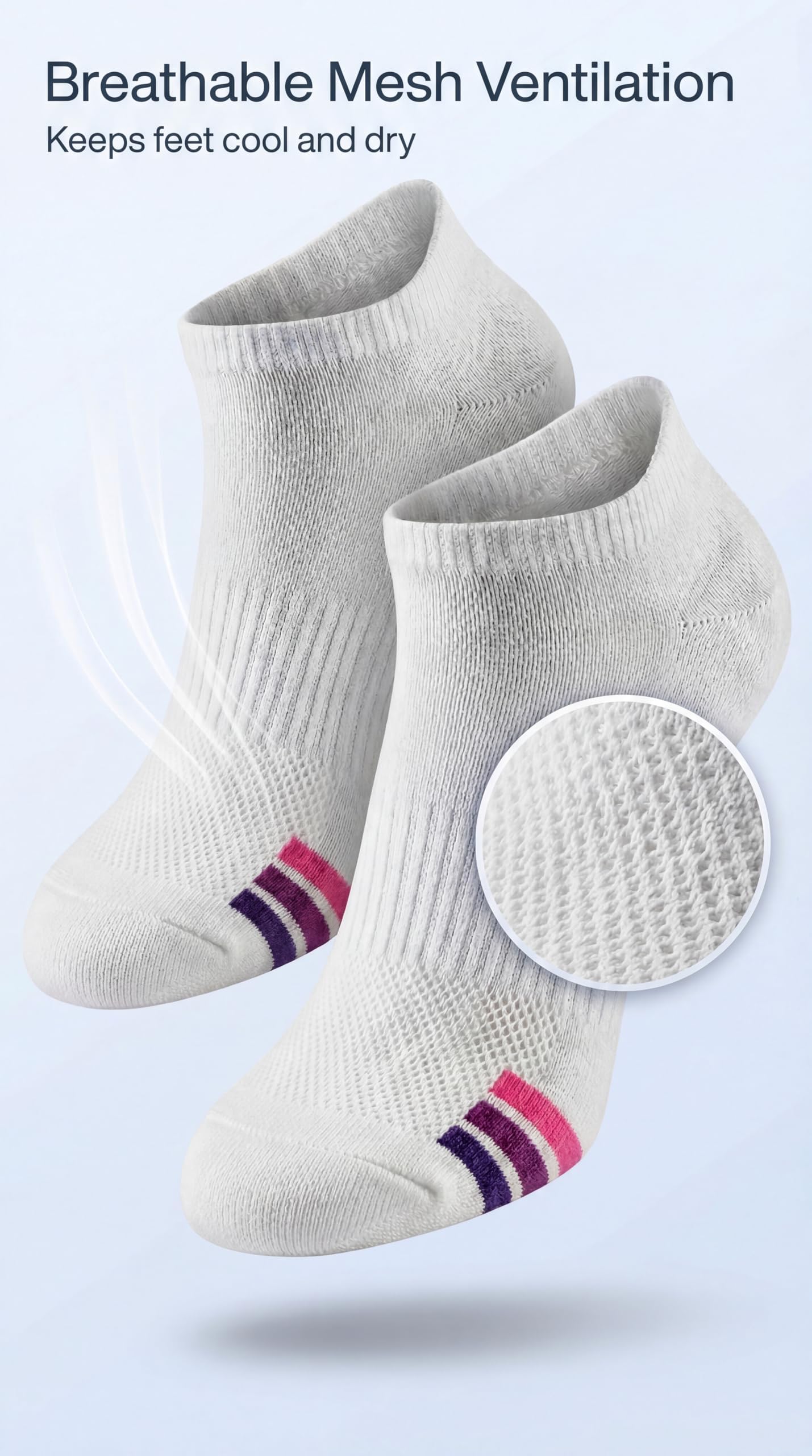 A pair of white low-cut athletic socks with pink and purple stripes near the toes, shown on a light blue background with marketing text and a circular inset highlighting the breathable mesh texture.