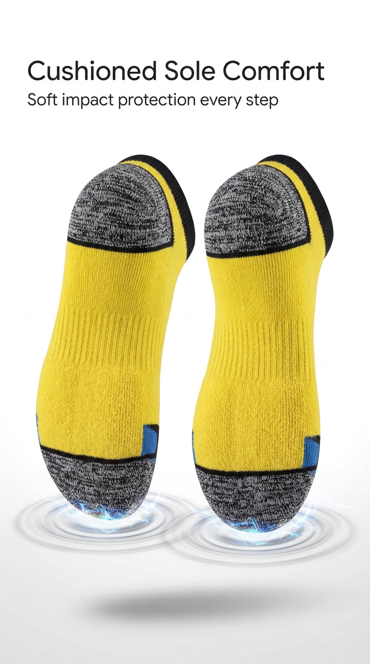 A pair of yellow and gray athletic socks shown floating on a white background with marketing text at the top reading 'Cushioned Sole Comfort' and 'Soft impact protection every step.' The socks have a bright yellow main body, heather gray heel and toe sections, black trim, and small blue accent tabs near the foot.