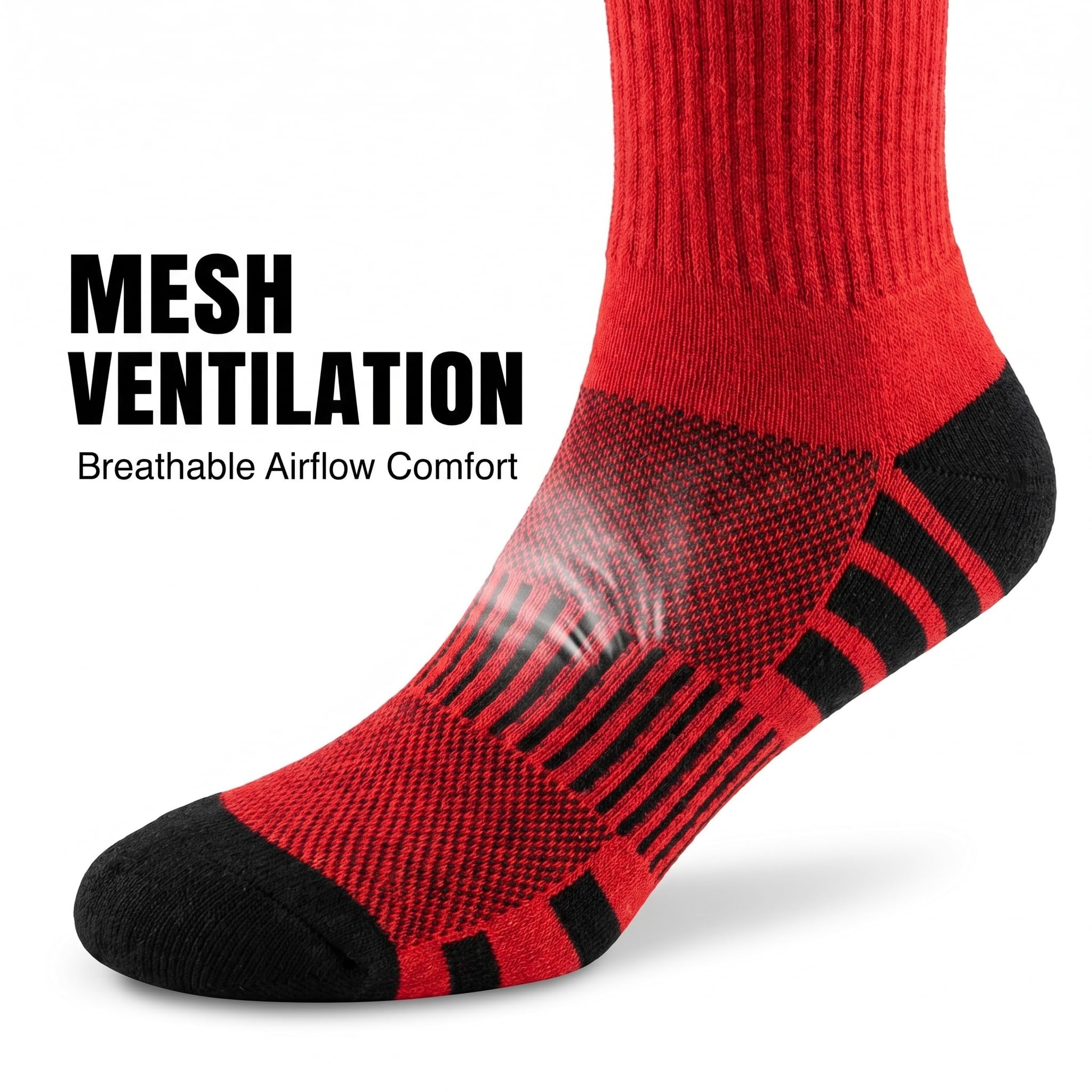 A red and black athletic sock shown on a white background with text reading 'MESH VENTILATION' and 'Breathable Airflow Comfort.' The sock has a ribbed cuff, black toe and heel areas, and a breathable mesh pattern across the foot.
