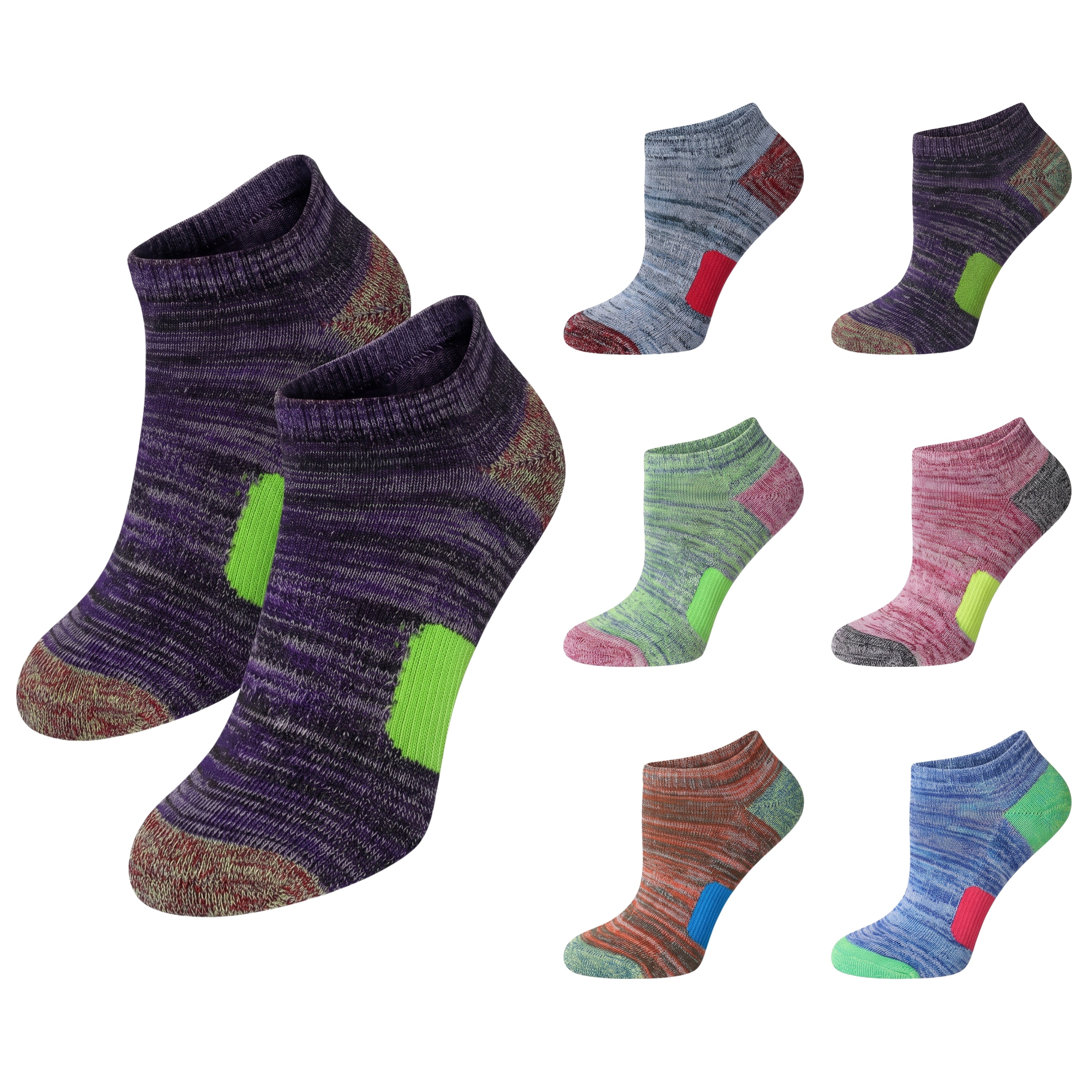 A set of ankle socks shown on a white background, with two larger socks in the foreground and six smaller color variants arranged around them. The socks have a heathered knit texture with bright neon green heel accents and different multicolor toe and cuff patterns.