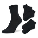 A set of black ankle socks displayed on a clean white background, featuring one larger sock on the left and four smaller pairs fanned out on the right.