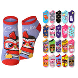 A set of colorful cartoon baby socks shown on a plain white background, with two larger socks in front and a grid of smaller color variants behind them. The front socks feature a red-and-black owl design on a light lavender base with red cuffs and toe, and the word 'Cute' printed across the side.