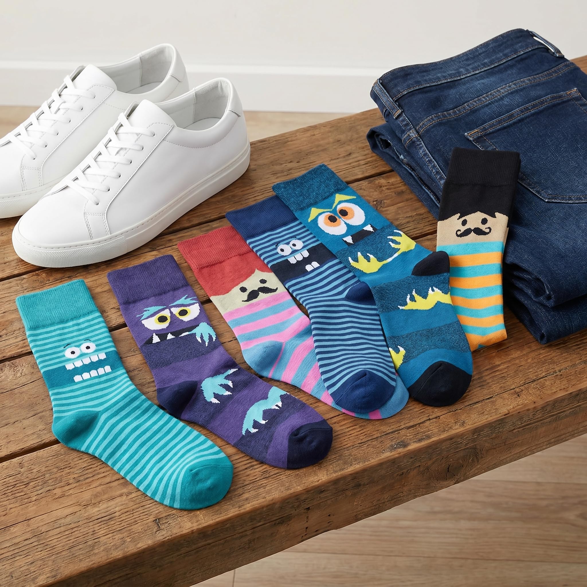 A set of colorful children's socks with cartoon monster and mustache designs, arranged on a wooden bench alongside white sneakers and folded blue jeans.