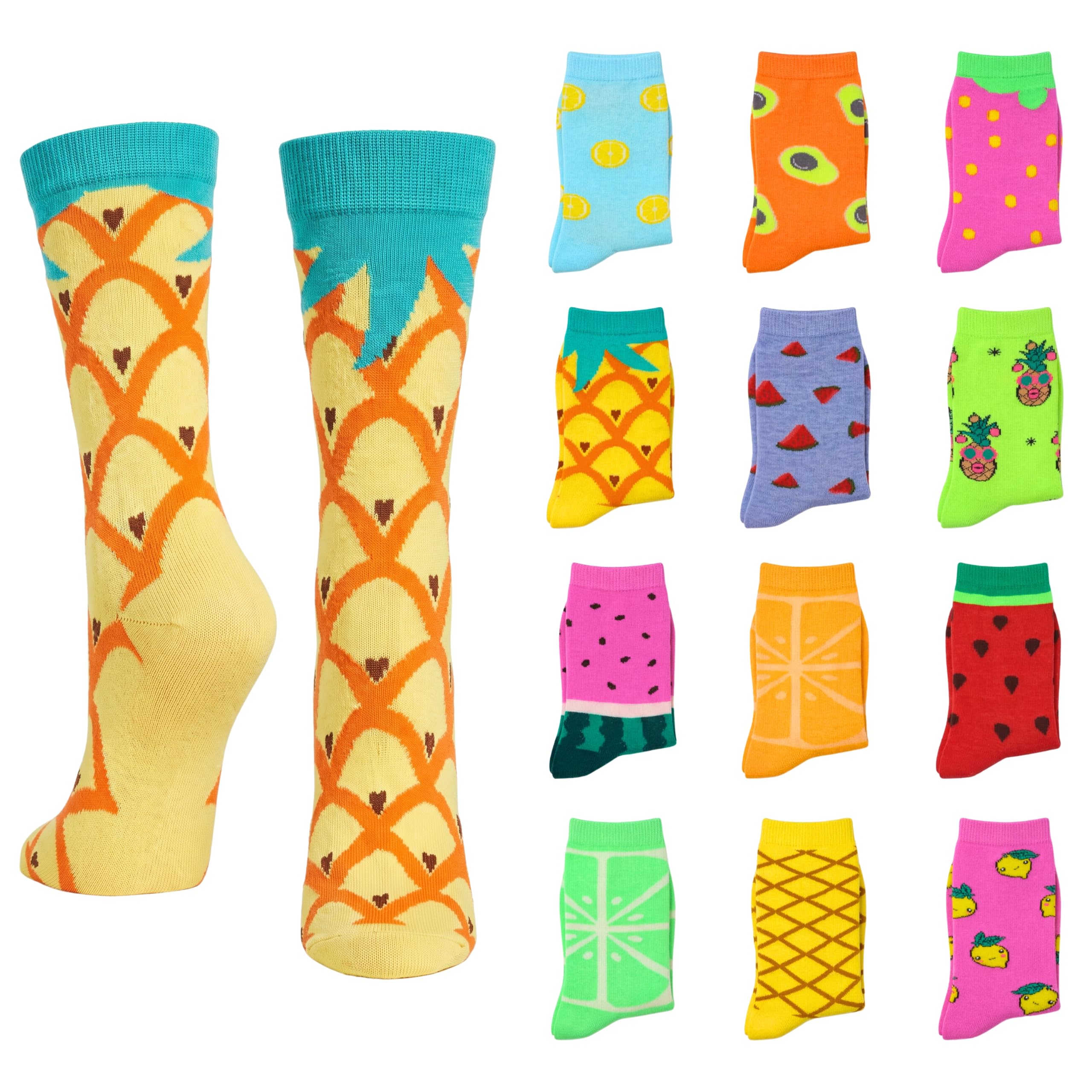 A set of colorful crew socks shown on a plain white background, with two larger socks on the left and a grid of smaller color/pattern variants on the right. The left socks feature a yellow base with an orange pineapple-style diamond pattern and turquoise cuffs and top section.