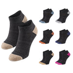A set of low-cut ankle socks shown on a plain white background, with two larger dark charcoal socks in front and eight smaller color variants arranged around them. The main socks have a heathered dark gray body with beige toe and heel sections.