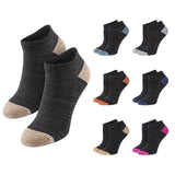 A set of low-cut ankle socks shown on a plain white background, with two larger dark charcoal socks in front and eight smaller color variants arranged around them. The main socks have a heathered dark gray body with beige toe and heel sections.