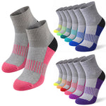 A set of low-cut athletic socks shown in two groupings: two large front socks in gray with pink and black accents, and multiple smaller socks behind them in gray with different accent colors including blue, green, yellow, orange, red, pink, and purple.