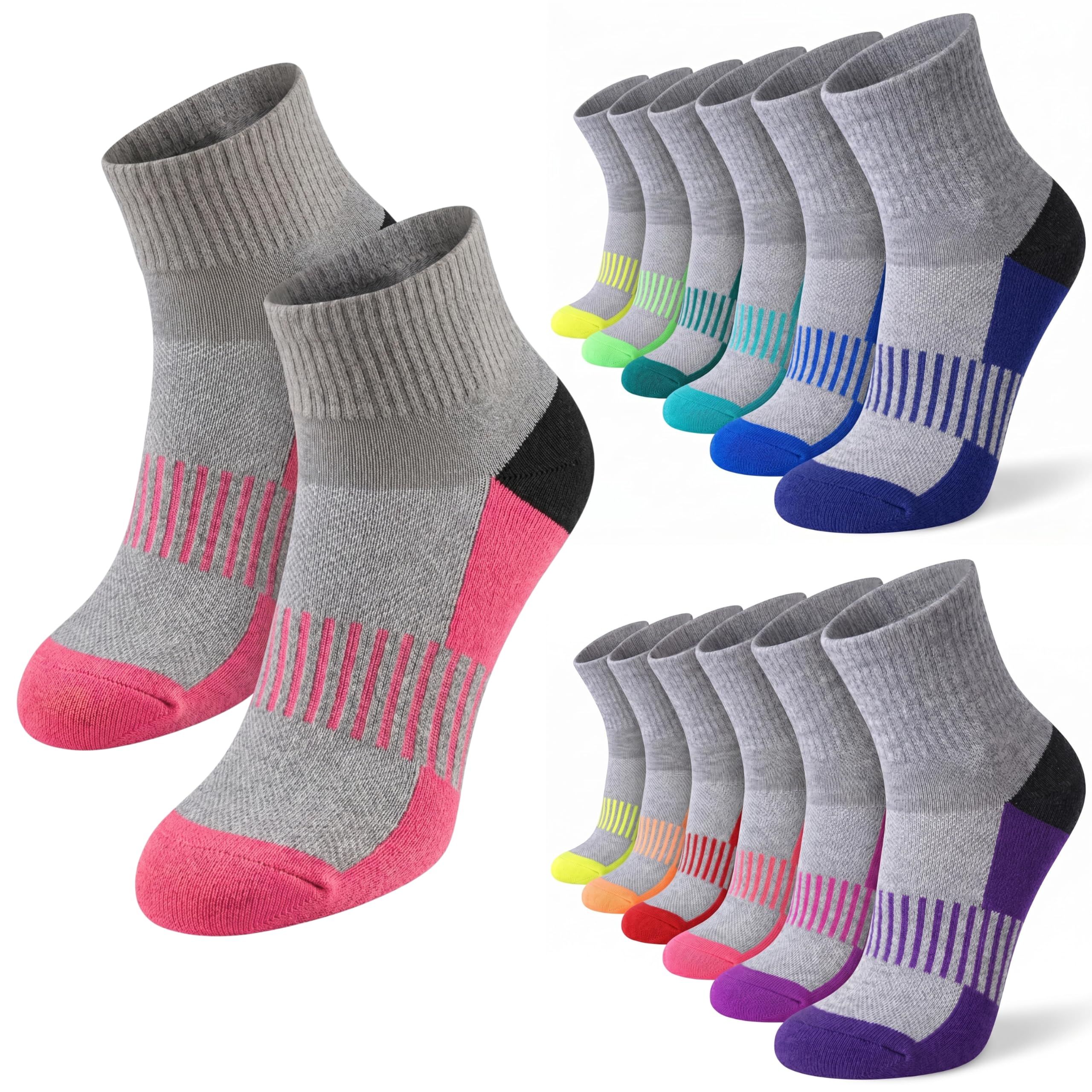 A set of low-cut athletic socks shown in two groupings: two large front socks in gray with pink and black accents, and multiple smaller socks behind them in gray with different accent colors including blue, green, yellow, orange, red, pink, and purple.