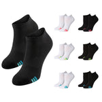 A set of low-cut athletic socks shown on a plain white background, with two large black socks in front and nine smaller color variants arranged in a grid behind them. The front pair has bright blue stripes near the toe, while the smaller pairs show different accent colors including pink, green, and blue on their respective black and white versions.
