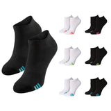 A set of low-cut athletic socks shown on a plain white background, with two large black socks in front and nine smaller color variants arranged in a grid behind them. The front pair has bright blue stripes near the toe, while the smaller pairs show different accent colors including pink, green, and blue on their respective black and white versions.