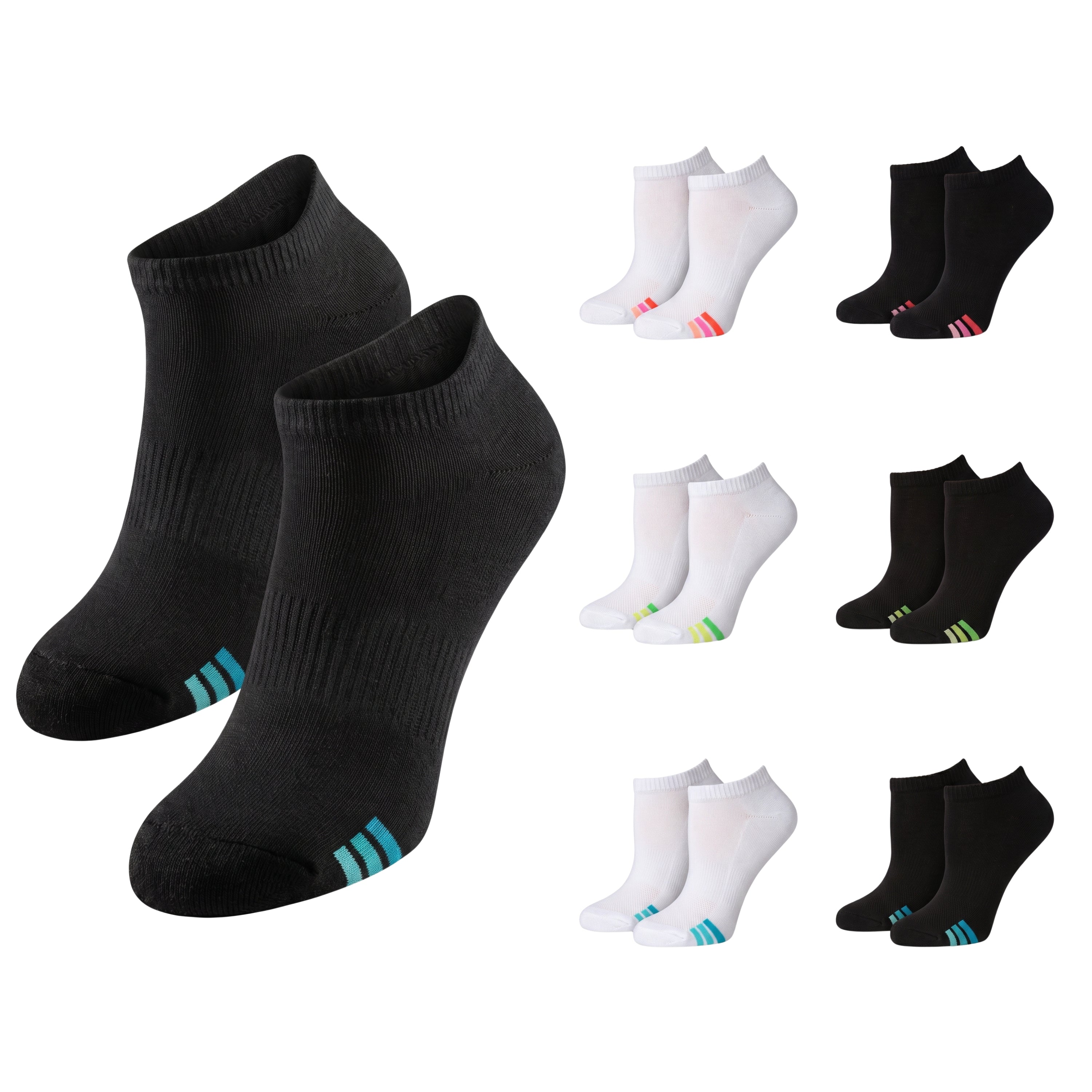 A set of low-cut athletic socks shown on a plain white background, with two large black socks in front and nine smaller color variants arranged in a grid behind them. The front pair has bright blue stripes near the toe, while the smaller pairs show different accent colors including pink, green, and blue on their respective black and white versions.