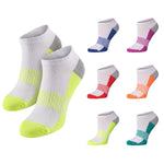 A set of low-cut athletic socks shown on a plain white background, with two larger pairs in front and six smaller color variants arranged to the right. The main socks are white with bright neon yellow-green accents and gray heel/cuff details; the smaller variants show other color combinations including blue, pink, red, orange, teal, and white with striped accents.