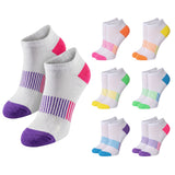 A set of low-cut athletic socks shown on a plain white background, with two larger pairs in front and six smaller pairs arranged to the right. The socks are white with bright multicolor accents including pink, purple, orange, yellow, green, blue, and teal.