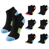 A set of low-cut athletic socks shown on a white background, with two larger black socks in front and six smaller color variants arranged to the right. The front socks have light blue heels and toes with light green side panels, while the smaller variants show other color combinations including pink, orange, purple, green, and red accents.
