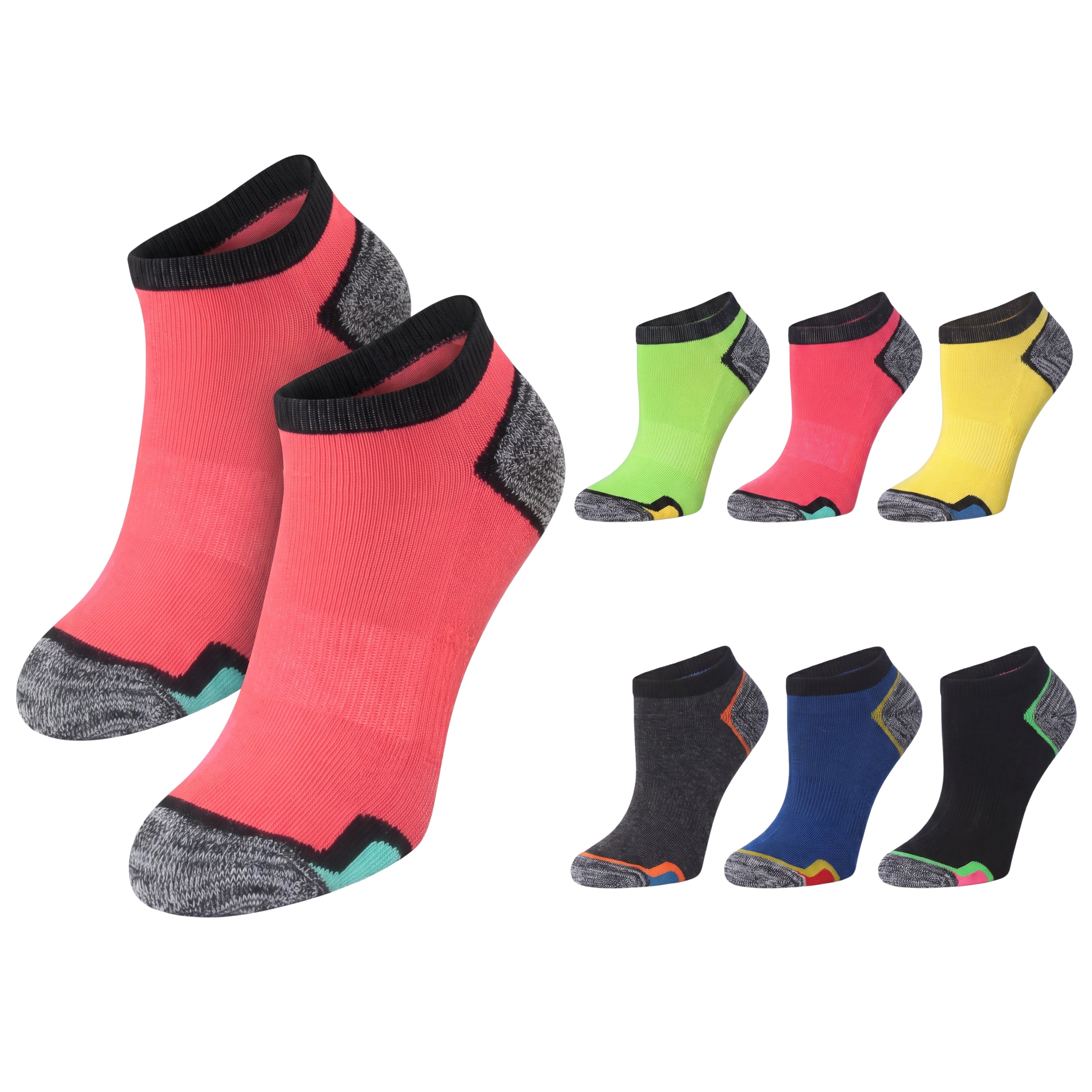 A set of low-cut athletic socks shown on a white background, with two larger socks in coral pink and black/gray at the front, and six smaller color variants arranged to the right in green, pink, yellow, gray, blue, and black.