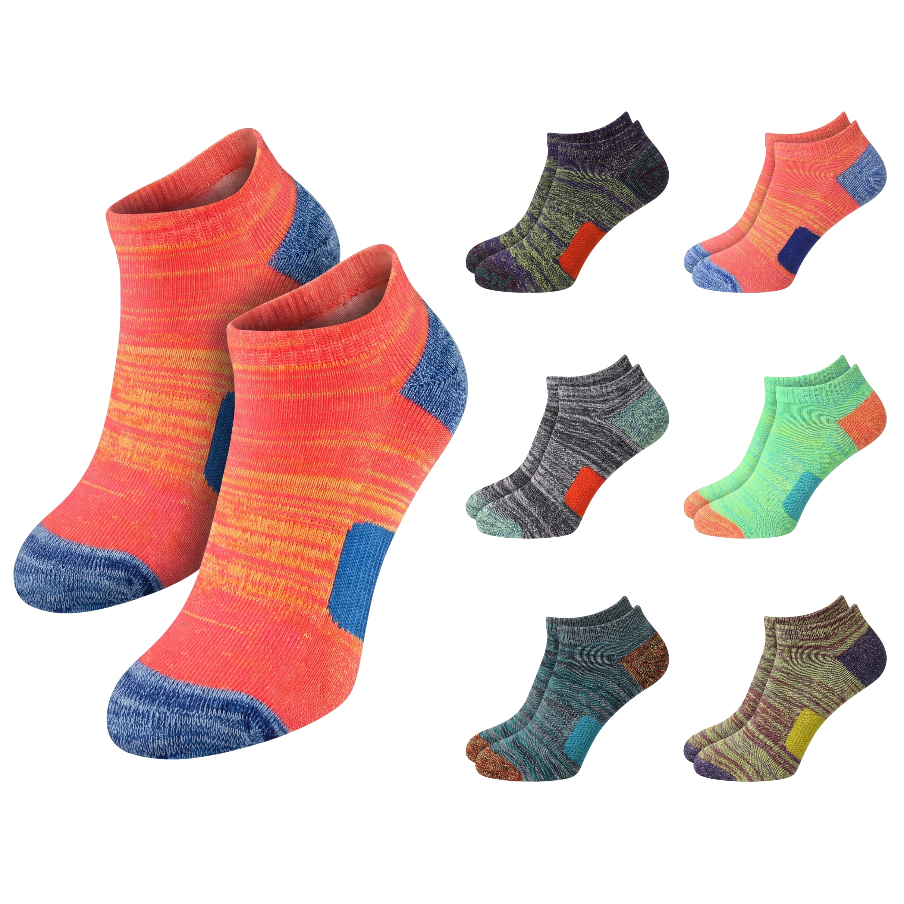 A set of low-cut knit socks shown on a plain white background, with two large socks featured prominently in the foreground and six smaller color variants arranged to the right. The main socks have a coral-orange base with yellow and blue knit stripes and blue toe/heel accents.