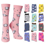 A set of pink crew socks with a pixelated sheep and moon pattern, shown alongside multiple color and pattern variations of matching socks on a white background.
