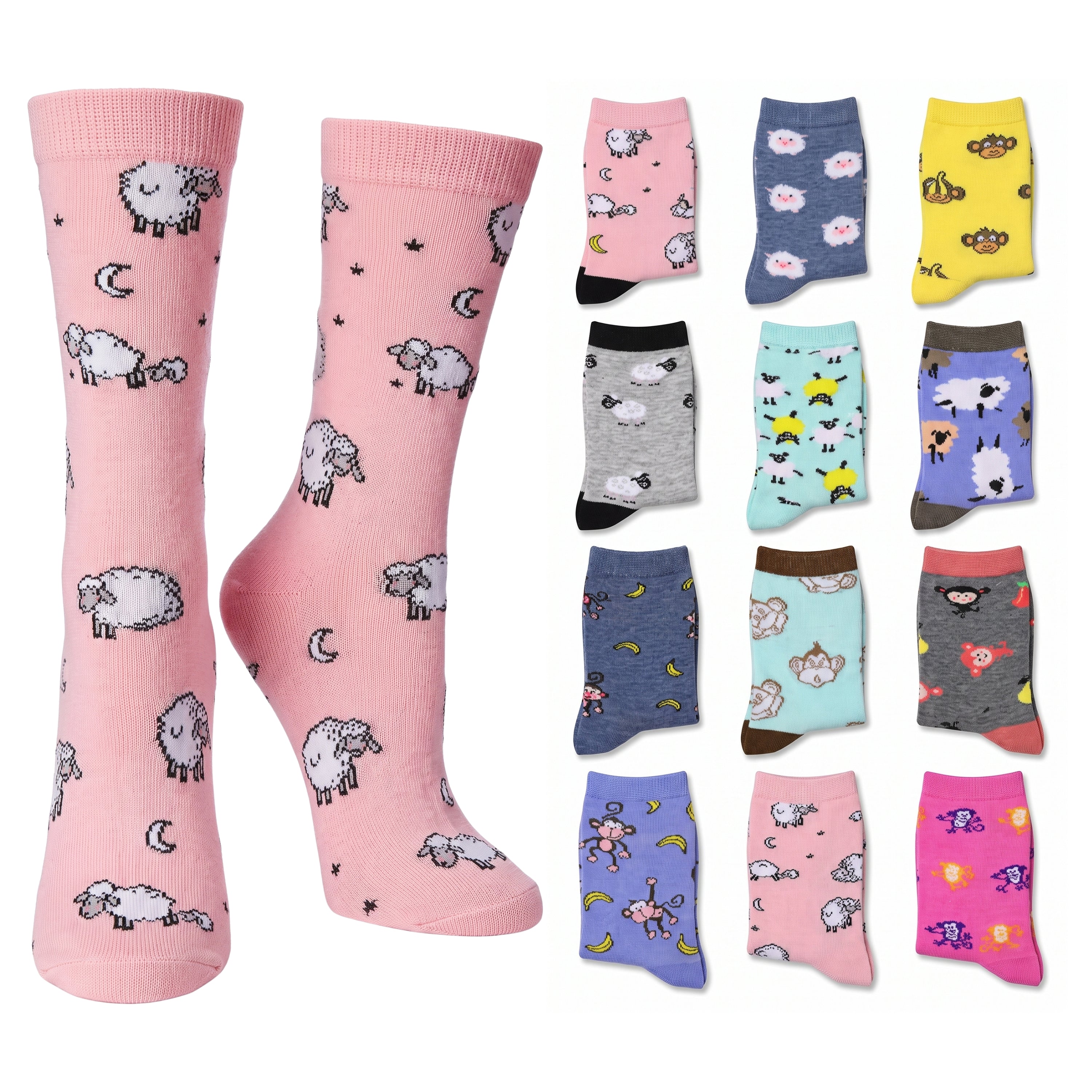 A set of pink crew socks with a pixelated sheep and moon pattern, shown alongside multiple color and pattern variations of matching socks on a white background.
