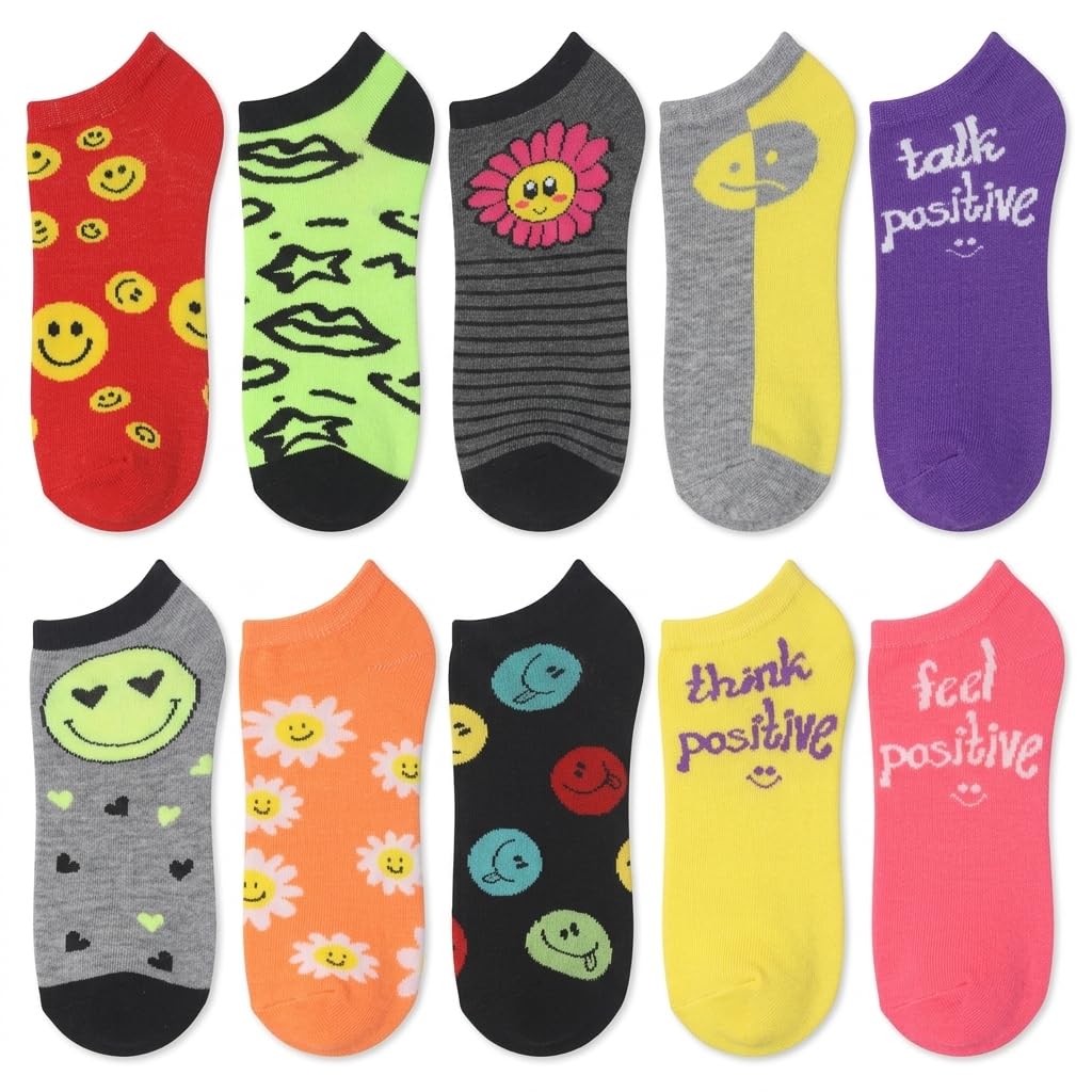A set of ten colorful low-cut ankle socks arranged in two rows of five on a plain white background. Each sock has a different playful graphic or text design, including smiley faces, lips, a flower, and positive phrases like 'talk positive' and 'feel positive'.