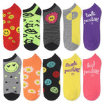 A set of ten colorful low-cut ankle socks arranged in two rows of five on a plain white background. Each sock has a different playful graphic or text design, including smiley faces, lips, a flower, and positive phrases like 'talk positive' and 'feel positive'.