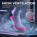 A single athletic ankle sock floating in a stylized promotional graphic, with large text reading 'MESH VENTILATION' and smaller copy about breathable fabric and moisture-wicking performance. The sock is light gray with bright pink toe, heel, and cuff accents, plus a dark purple heel section.