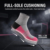 A single athletic sock floating in a dark gym-like setting with text reading 'FULL-SOLE CUSHIONING' and 'HEEL -> TOE CUSHIONING.' The sock is light gray with a black heel section and a bright pink midfoot area, plus a translucent cushioned sole highlighted by glowing white arrows and lines.