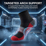 A single athletic sock is shown floating in a futuristic blue-tech interior with marketing text reading 'TARGETED ARCH SUPPORT' and descriptive copy about support during movement. The sock is black with red toe and heel areas and a gray arch support panel.