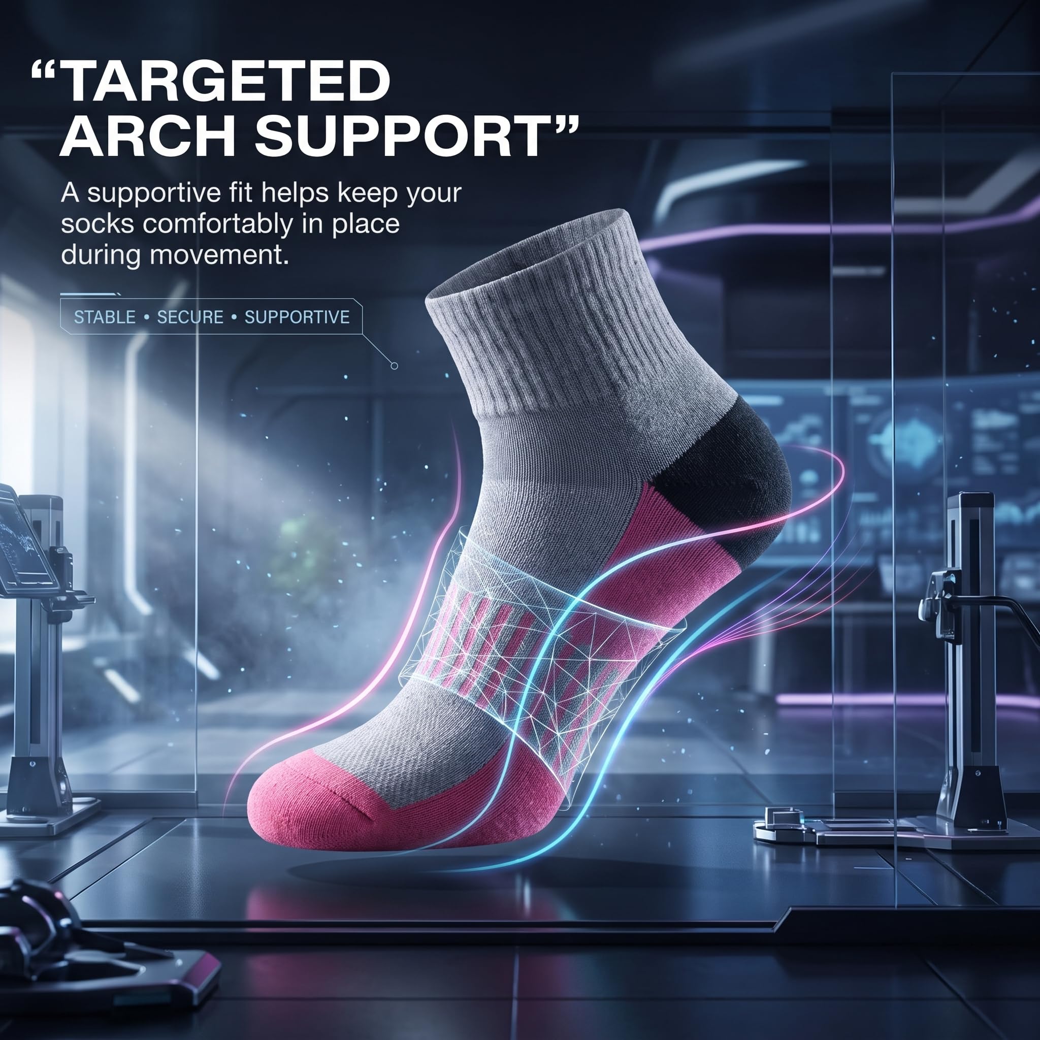 A single athletic sock is shown floating in a futuristic lab-like setting with glowing blue and pink energy lines around it. Large text at the top reads “TARGETED ARCH SUPPORT,” with smaller descriptive copy about support during movement.