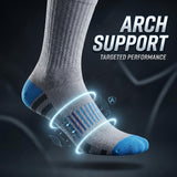 A single athletic sock shown on a stylized foot against a dark graphic background, with glowing blue highlight rings around the arch area and large text reading 'ARCH SUPPORT TARGETED PERFORMANCE.' The sock is light gray with bright blue toe and heel sections and darker gray striped detailing near the cuff.