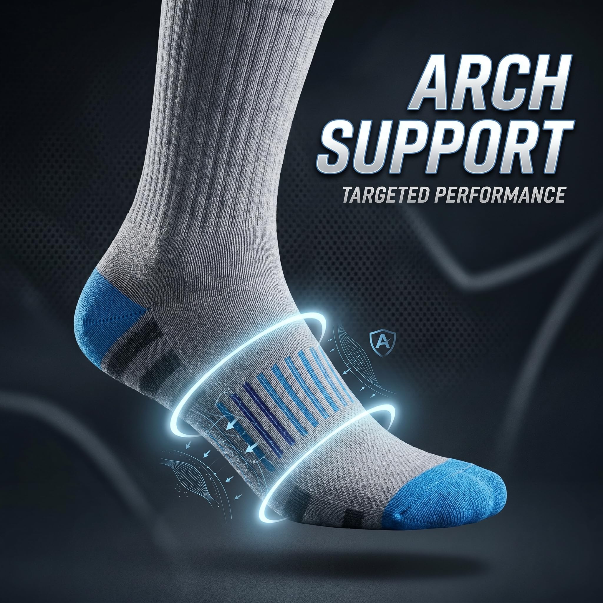 A single athletic sock shown on a stylized foot against a dark graphic background, with glowing blue highlight rings around the arch area and large text reading 'ARCH SUPPORT TARGETED PERFORMANCE.' The sock is light gray with bright blue toe and heel sections and darker gray striped detailing near the cuff.
