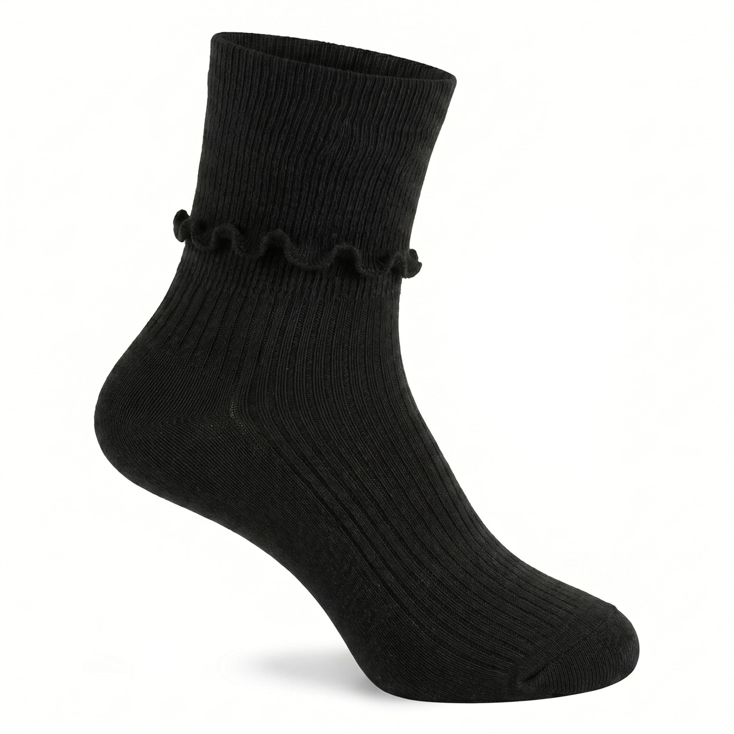A single black ankle sock with a ruffled trim at the ribbed cuff, shown on a white background.