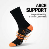 A single black athletic crew sock with bright orange toe and heel accents, shown on a light gray background with promotional text reading 'ARCH SUPPORT' and 'Targeted Stability & Secure Comfort Fit.' The sock includes subtle gray striped arch support zones and orange graphic motion lines near the foot to suggest support.