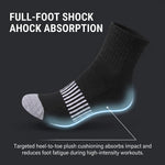 A single black athletic sock with a gray toe cap and white striped pattern on the side, shown on a dark background with marketing text about full-foot shock absorption and heel-to-toe cushioning.
