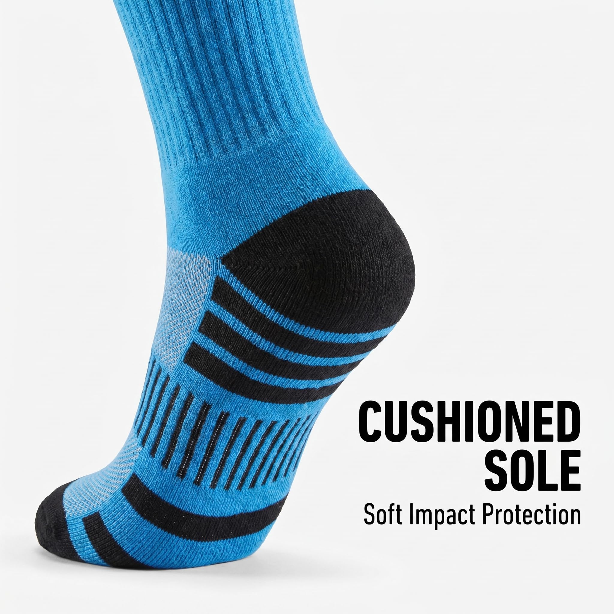 A single blue and black athletic sock shown on a foot against a light gray background, with text on the right reading 'CUSHIONED SOLE Soft Impact Protection.' This is a product-focused image with no real environment or person visible beyond the sock on a display form, so Product/Packaging fits better than Lifestyle.