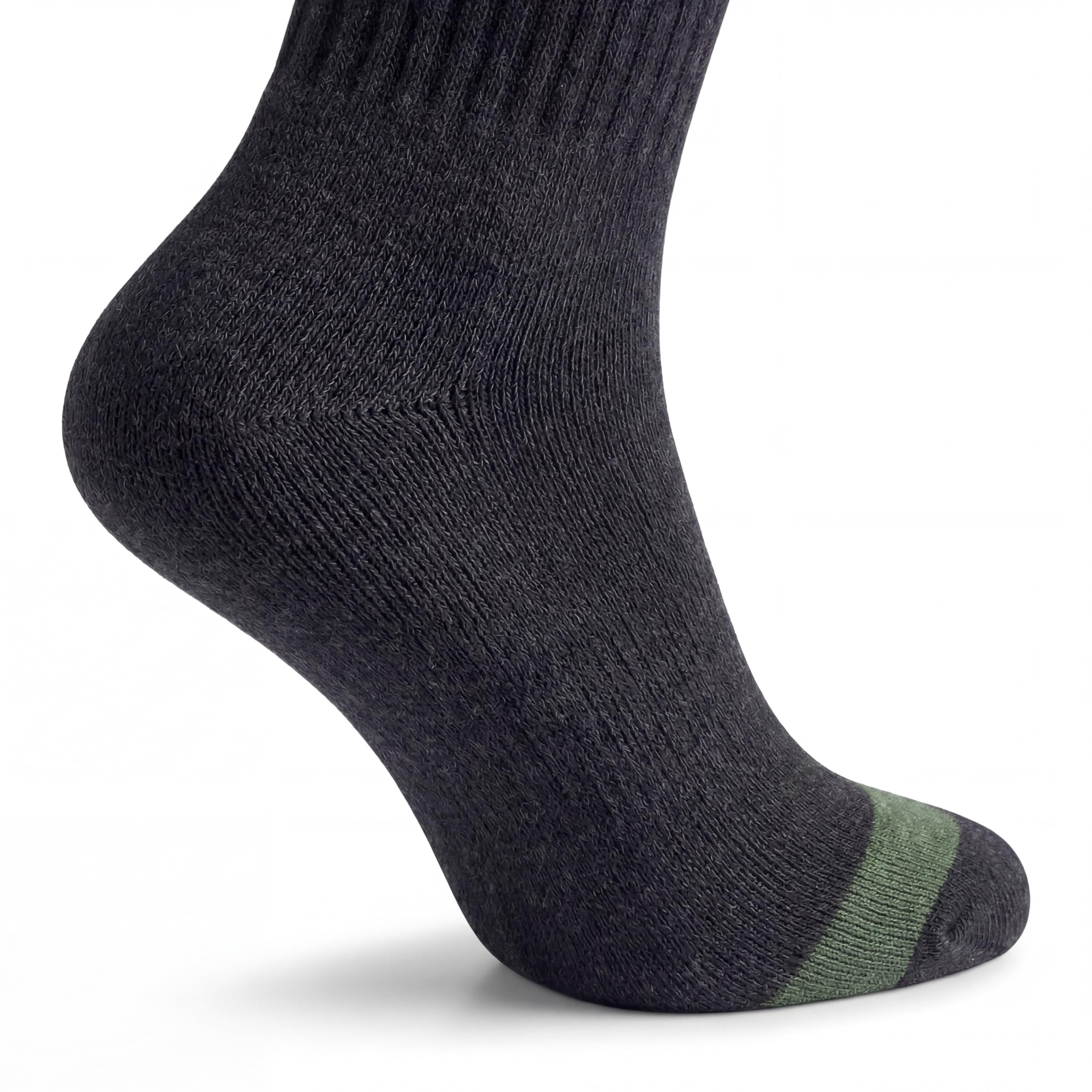 A single dark charcoal gray ribbed sock with a muted green toe stripe, shown on a white background.