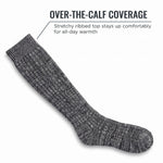 A single dark gray ribbed over-the-calf sock shown on a light gray background with marketing text reading 'OVER-THE-CALF COVERAGE' and a callout pointing to the ribbed top.