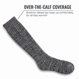A single dark gray ribbed over-the-calf sock shown on a light gray background with marketing text reading 'OVER-THE-CALF COVERAGE' and a callout pointing to the ribbed top.