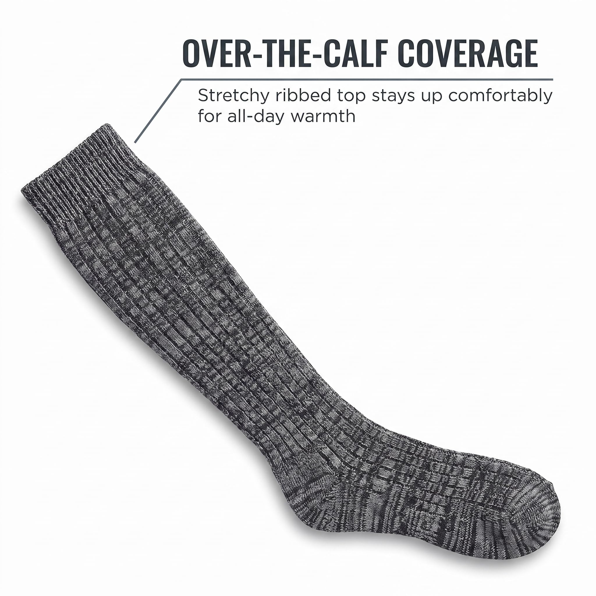 A single dark gray ribbed over-the-calf sock shown on a light gray background with marketing text reading 'OVER-THE-CALF COVERAGE' and a callout pointing to the ribbed top.