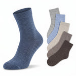 A single heathered blue ankle sock is shown prominently in the foreground, with five additional socks in gray, light blue, cream, taupe, and dark brown fanned out behind it on a white background.