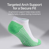 A single low-cut athletic sock shown on a light gray background with marketing text at the top. The sock is white with bright green heel, toe, and sole support areas, plus a green zigzag pattern on the foot.