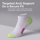 A single low-cut athletic sock shown on a neutral gray background with promotional text at the top. The sock is primarily white with a bright lime green toe and heel section and a pink arch support section on the instep.