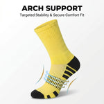 A single yellow athletic sock with black toe, heel, and striped arch support zones, shown on a light gray background with the text 'ARCH SUPPORT' and 'Targeted Stability & Secure Comfort Fit' above it.