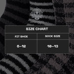 A size chart graphic overlaid on a close-up of a black and gray striped knit sock. The chart reads 'SIZE CHART' with 'FIT SHOE' mapped to '6-12' and 'SOCK SIZE' mapped to '10-13'.