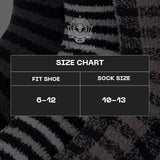 A size chart graphic overlaid on a close-up of a black and gray striped knit sock. The chart reads 'SIZE CHART' with 'FIT SHOE' mapped to '6-12' and 'SOCK SIZE' mapped to '10-13'.